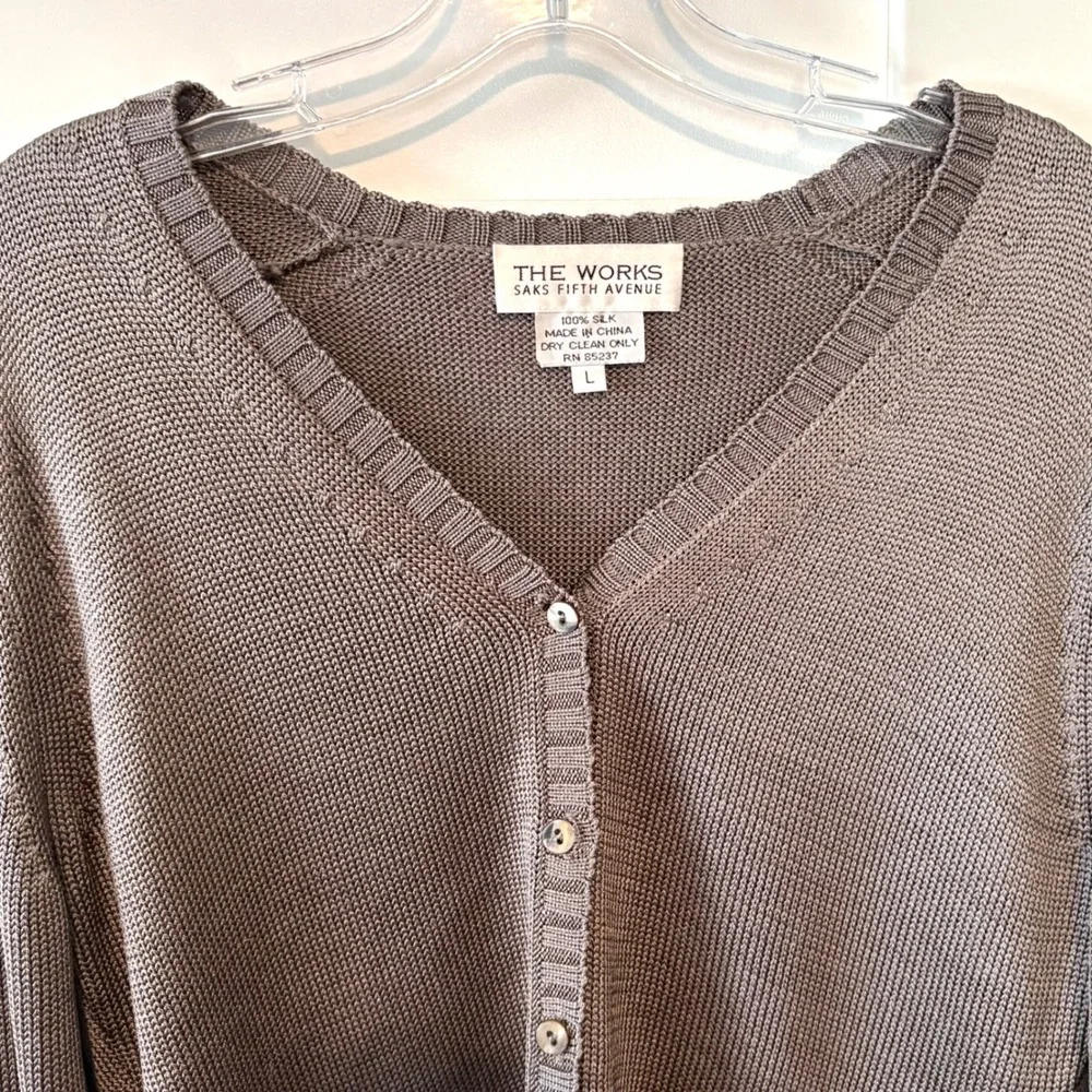 The Works Saks Fifth Avenue Grey Vintage Luster Silk Cardigan‎ in Size L